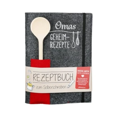 Abbildung von GILDE Notizbuch OMAS GEHEIMREZEPTE zum Selberschreiben A5 Rezepte Backen Kochen, Buch in Filz Einband mit Holz Kochlöffel