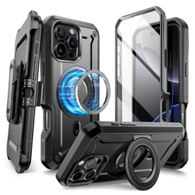 Abbildung von SupCase für iPhone 16 Pro Max Hülle 6.9&#039;&#039; Magsafe Handyhülle Bumper Case mit Displayschutz, Ständer und Gürtelclip [Unicorn Beetle Mag] Schutzhülle 2024 (Schwarz)