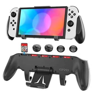 Abbildung von Switch Grip mit verstellbarem Ständer, Konsole Griffe für Nintendo Switch/Switch OLED, OLED Case 4 Thumb und Steckplätze 5 Spiele