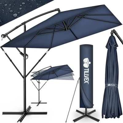Abbildung von tillvex® Alu Sonnenschirm Rechteckig Ø 330 cm + Abdeckung mit Kurbel Ampelschirm Eckig Ständer &amp; Windschutz Gartenschirm UV Schutz Aluminium Kurbelschirm Marktschirm wasserdicht 360 drehbar