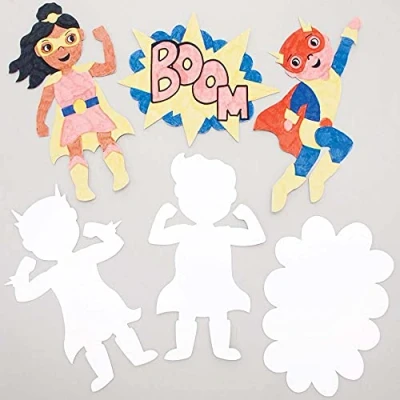 Abbildung von Baker Ross FE400 Helden Karten zum Ausmalen 30 Stück, 15 x Bereits Ausgeschnittene Blanko Formen Designs für Kinder Basteln