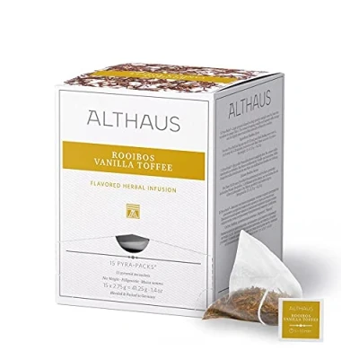 Abbildung von Althaus Tee Rooibos VANILLA TOFFEE ⋅ im Pyramidenbeutel PYRA PACK Aromatisierter Kräutertee mit Vanille Karamell Geschmack 15 x 2,75g