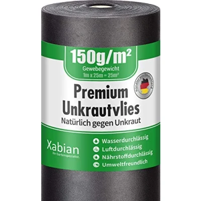 Abbildung von Xabian Anti Unkrautvlies 150g/m² Gartenvlies Rolle 25m x 1m = 25m² I Unkrautfolie sehr hohe UV Stabilisierung extrem reißfest und wasserdurchlässig