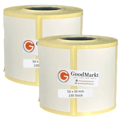 Abbildung von GoodMarkt Thermodirekt Etiketten selbstklebend 50x30 mm 2 Rolle, weiß, 460 Kompatibel mit Brother, Zebra Haushaltsetiketten, Barcodeetiketten, Marmeladenetiketten