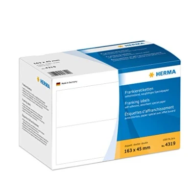 Abbildung von HERMA 4319 Frankieretiketten für Frankiermaschinen, doppelt, 163 x 45 mm, 1000 Stück, selbstklebend, matt, 2fach Papier Frankier Etiketten Klebeetiketten Aufkleber, weiß