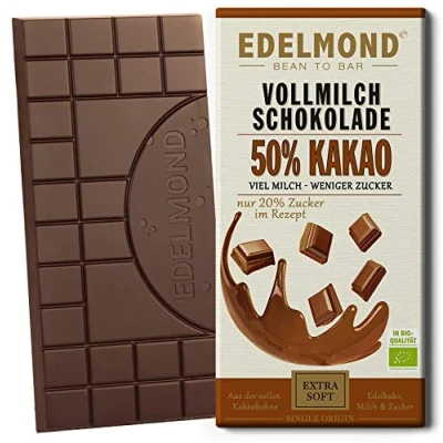 Abbildung von Edelmond Bio 50% Kakao. Milch Schokolade aus gewalzten Kakaobohnen. Fair Trade. Single Plantation Qualität. (1 Tafel)