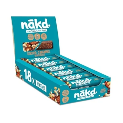Abbildung von Nākd. Salted Caramel Kaltgepresste Riegel aus Früchten &amp; Nüssen 100% Natürliche Zutaten Ohne Zusatz von Zucker Vegan Glutenfrei Milch 18 x 35g 630g