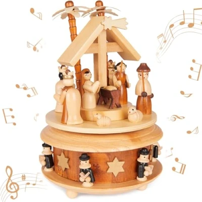 Abbildung von BRUBAKER Spieluhr Krippe mit Jesus, Maria und Josef Melodie: Stille Nacht, (Melodie: Nacht 19 cm Musik Box Weihnachten, 1 tlg), Spieldose Karussell Stern von Bethlehem Sternsinger