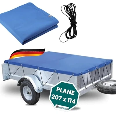 Abbildung von TRAILERKRAFT® Anhänger Plane 207x114 cm inkl. Gummiseil PlusPro Anhängerplane Flachplane PVC PLANENMATERIAL Verstärkte STEMA für 750kg PKW Hänger Abdeckplane Abdeckung Blau