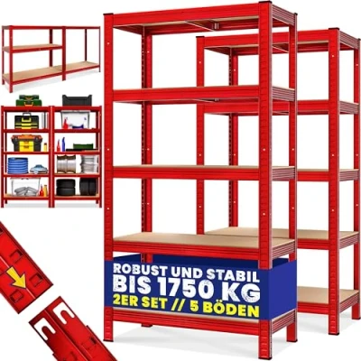 Abbildung von Monzana® 2X Schwerlastregal 180x90x40cm 875kg rot 5 MDF Platten Lagerregal Kellerregal Steckregal Werkstattregal