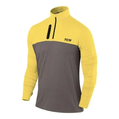 Abbildung von TCA Funktionsshirt Herren Langarm Fusion Pro Quickdry Langarmshirt atmungsaktiv Wandershirt Laufshirt mit Reißverschluss Outdoor Longsleeve Sport Pullover Dunkelgrau/Gelb, XXL