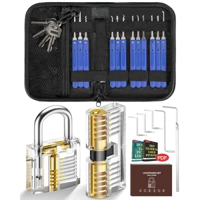 Abbildung von Lockpicking Set, IPSXP 25 Stück Dietrich Set mit 2 Transparent Training Schlössern Ledertasche, Extractor Tool für Schlosserei, Anfänger und Profisrleicht
