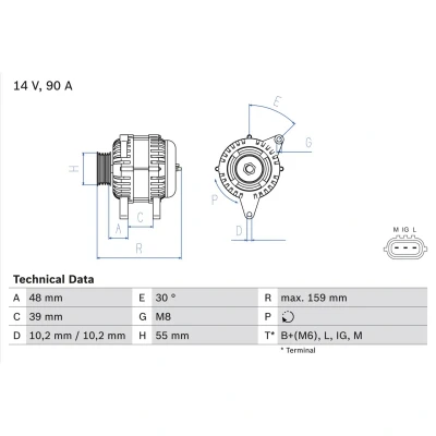 Abbildung von BOSCH 0 986 049 211 Lichtmaschine 14V 90A TOYOTA: Yaris I Schrägheck