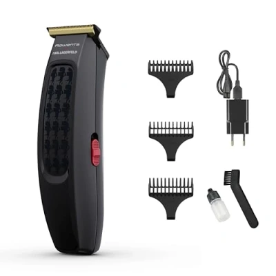 Abbildung von Rowenta x KARL LAGERFELD Cut &amp; Style Haarschneider, 3 Kämme, Titaniumklingen, LED Batterieanzeige, 90 min Akkulaufzeit, Schwarz/Rot, TN182LF0
