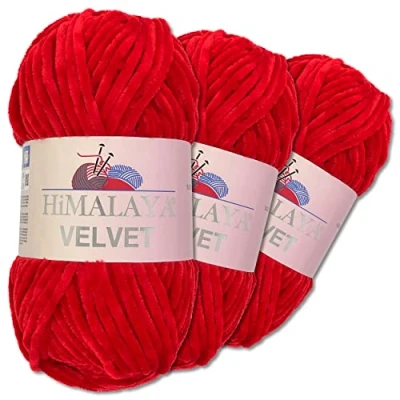 Abbildung von Wohnkult Himalaya 3 x 100 g Velvet Dolphin Wolle 40 Farben zur Auswahl Chenille Strickgarn Flauschwolle Glanz Accessoire Kleidung Decken (90018 Rot)