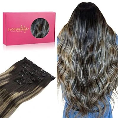 Abbildung von WENNALIFE Clip in Extensions Echthaar, 55cm 22 Zoll 120g 7pcs Balayage Natürliches Schwarz bis Hellblond Hair Echthaar Remy Haarverlängerung Natürliche