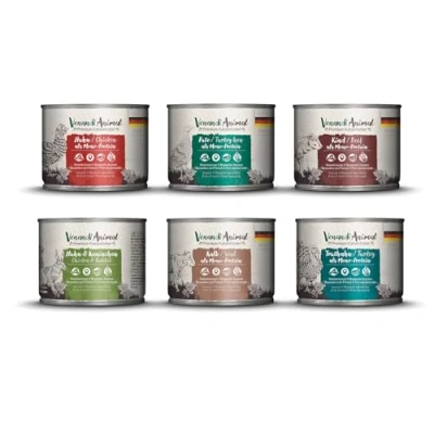 Abbildung von Venandi Animal Premium Nassfutter für Katzen, Probierpaket III, Huhn, Pute, Rind, Huhn + Kaninchen, Kalb, Truthahn, 6 x 200 g, getreidefrei und naturbelassen, 1.2 kg