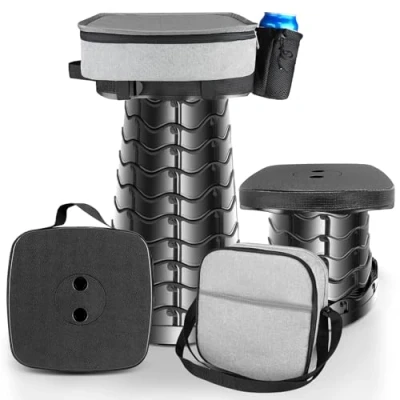 Abbildung von HOVIBU Tragbarer Klapphocker mit Kissen und Getränkehalter, Teleskophocker Tragfähigkeit 485lb, Leichte Campinghocker, Faltbarer Hocker Stabil Höhenverstellbar für Outdoor Drinnen Aktivitäten