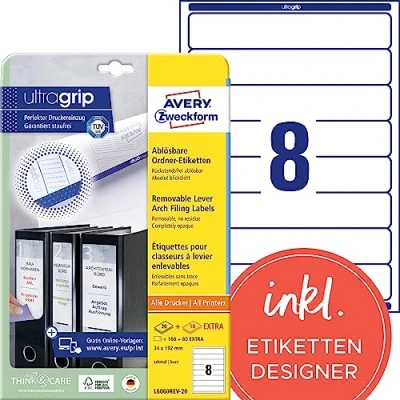 Abbildung von AVERY Zweckform L6060REV 20 Ordnerrücken Etiketten (240 Rückenschilder mit ultragrip, 34x192mm auf A4, wiederablösbar, schmal/kurz, selbstklebend, blickdicht, bedruckbare Aufkleber) 30 Blatt, weiß