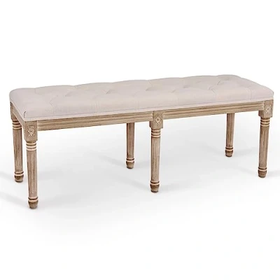 Abbildung von VONLUCE Gepolsterte Bank Beige Sitzbank Bettbank Lounge Retro Gummiholz Truhenbank Polsterbank Stoffbank Stabil Flurbank Klavierbank Hockerbank 6 Beine (122 x 42,5 48 cm)