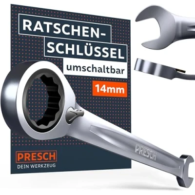Abbildung von PRESCH Ratschenschlüssel 14mm umschaltbar Minimaler Rückholwinkel (4, 90 Zähne) 15 abgewinkelt für beengte Stellen Präzisionsgefräster, robuster Ringratschenschlüssel