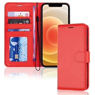 Abbildung von TECHGEAR hülle iPhone 12 Mini Leder PU Flip Schutzhülle Ledertasche [Brieftasche] Handyhülle mit Ständer und Handschlaufe Rot Kompatible