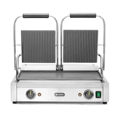 Abbildung von HENDI Kontaktgrill, Doppelversion, Elektrogrill, Tischgrill, Sandwichtoaster, Regelbar bis max. 300C, Oberseite (H)530mm, Grillfläche 475x230mm, 230V, 3600W, 570x370x(H)210mm, Edelstahl