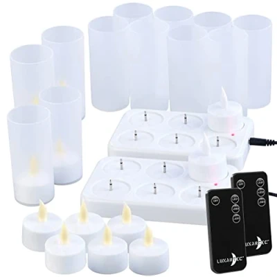 Abbildung von Lunartec LED Teelichter aufladbar: 12er Set Akku mit Ladestation, Fernbedienung, 15 Std. (LED Akkus, zum Aufladen, wiederaufladbar)