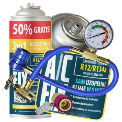 Abbildung von A/C FIX 3in1 R134a kältemittel Ersatzgas Kühlmittel Klima Auto Gasflasche 1x235 g Klimaanlage Nachfüllset Wohnmobil Schlauch Manometer ECO
