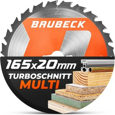 Abbildung von BAUBECK Sägeblatt 165x20 +16mm Adapter, 24Z, 1.5mm Schnitt in Holz &amp; Alu, Akku 18v kompatibel mit M. SP6000/J, DHS680, Bosch GKT 55 / GCE S/GKS 18 V, Kreissägeblatt 165x20, 165x16