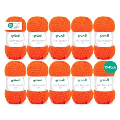 Abbildung von Gründl Wolle Lisa Premium Uni Strickgarn aus 100 % Polyacryl, Garn zum Häkeln/ Stricken 50 g / 133 m, 10 x Knäuel, Nadel: 3,5 4,5, Orange