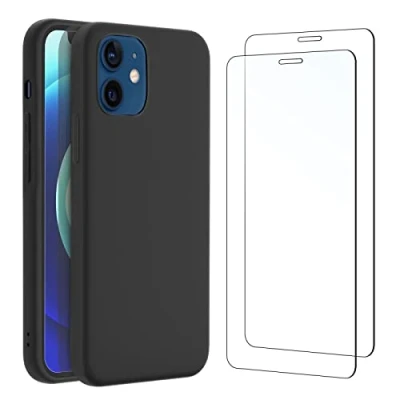 Abbildung von NEW&#039;C Hülle für iPhone 12, 12 Pro Ultra Thin Silikon Schwarz und 2 x Panzer Schutz Glas Anti Scratch