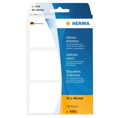 Abbildung von HERMA 4301 Adressetiketten für Schreibmaschinen, endlos, 95 x 48 mm, 250 Stück, selbstklebend, matt, leporello gefalzt, blanko Papier Adressaufkleber Klebeetiketten Aufkleber, weiß