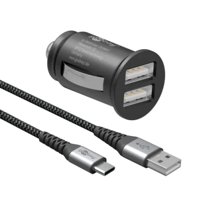 Abbildung von Goobay 64805 Dual USB Port Auto Ladegerät Zigarettenanzünder Adapter 12V / 24V Kfz Mini Ladestecker A Car Charger 15,5W inkl. 1m C Kabel