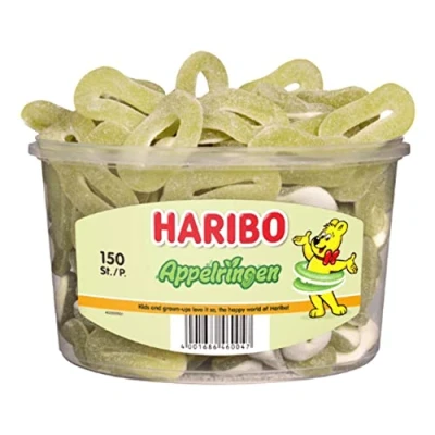 Abbildung von Sußichkeiten Haribo Apfelringe (150 Stück) Box Großpackung 150 Pack 1200 Gram Total