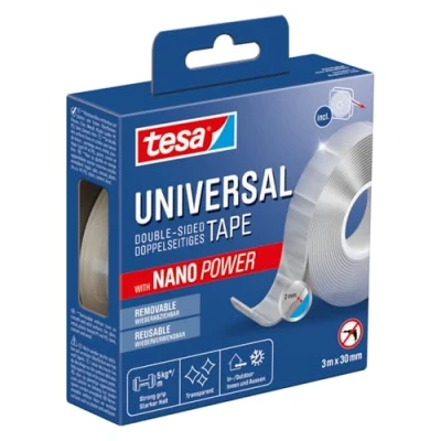 Abbildung von tesa Doppelklebeband Universal Tape mit Nano Power, doppelseitig transparent, extra stark (Packung, 1 St., wiederverwendbares, leicht ablösbares Montageband für innen und außen) Nanotape zum Befestigen, Dekorieren, Organisieren, Kleben ohne Nägel