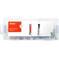 Abbildung von fischer Mini FixTainer DuoLine, 77 teiliges Dübelset, DuoPower Universaldübel und Gipskartondübel DuoBlade in einer praktischen Box, universelles Set für häufigste Anwendungen