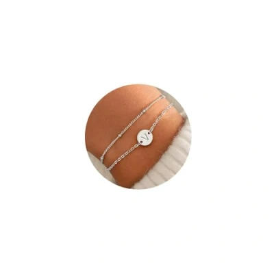 Abbildung von TINGN Armband mit Buchstaben V, 18K Weißgold Gefüllt Geschichtete Scheiben Intiale Charm Silber Damen Armbänder Schmuck Teenager Mädchen Geschenk
