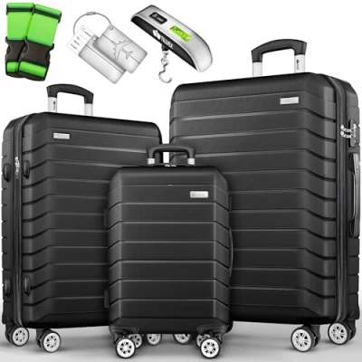 Abbildung von tillvex® Reisekoffer Set 3 TLG. + Gepäckwaage, 6X Koffergurte &amp; 3X Kofferanhänger Kofferset 4 Rollen Trolley Gepäck Koffer TSA Schloss Rollkoffer Hartschalenkofferset S M L XL (Schwarz)