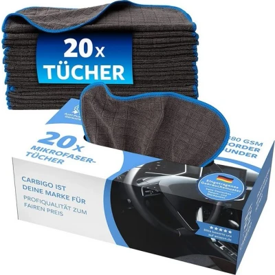 Abbildung von CARBIGO Microfasertücher, Allzwecktücher Haushalt und Auto, 380 GSM Mikrofasertuch (80% Polyester / 20% Polyamide, 25x25 cm, Multipack Box, 20 tlg., Set, Mikrofasertücher für Autopolitur, Trockentuch)