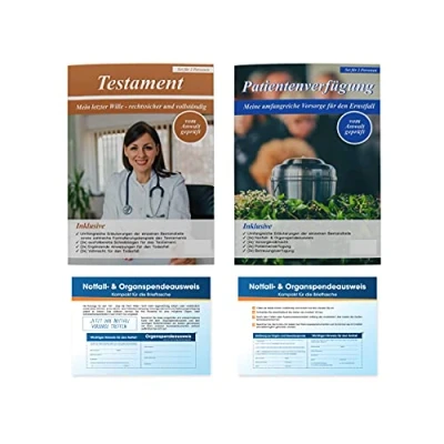 Abbildung von 2 x Vorsorgeunterlagen Patientenverfügung, Vorsorgevollmacht, Betreuungsverfügung, Testament Mapppe für Gesundheitsdokumente Auflage 2025