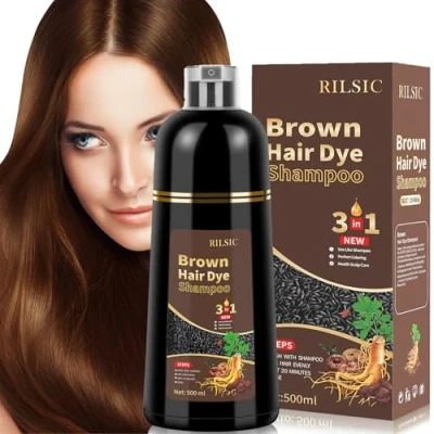 Abbildung von GFEUGS Haarfarbe Haarfärbeshampoo, 500ML Hair Dye Shampoo 3 in 1 Gegen Graue Haare, Color Sofort Tönungsshampoo, Farbshampoo Haartönung für Männer Frauen (Braun)