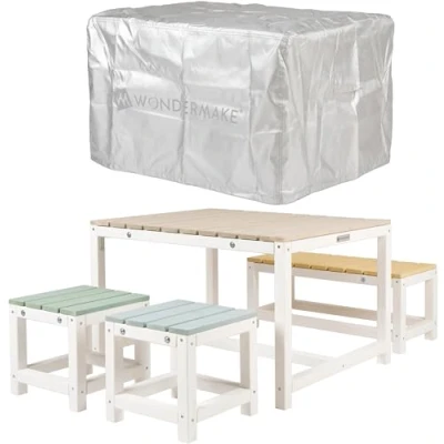 Abbildung von WONDERMAKE Garten Kindersitzgruppe aus Holz ab 3 Jahre, Outdoor Indoor Kinder Sitzgarnitur draußen weiß, (2x Hocker, 1x Bank, Tisch, 4 tlg), Gartenmöbel Set Sitzgruppe Garnitur drinnen, Plätze, Picknick Gruppe