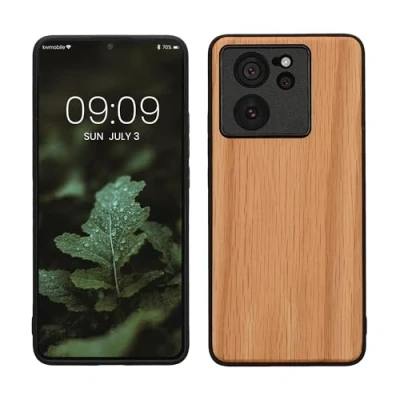 Abbildung von kwmobile Hülle kompatibel mit Xiaomi 13T / Pro Holz Case stoßfestes Handy Cover TPU Handyhülle in Hellbraun Braun