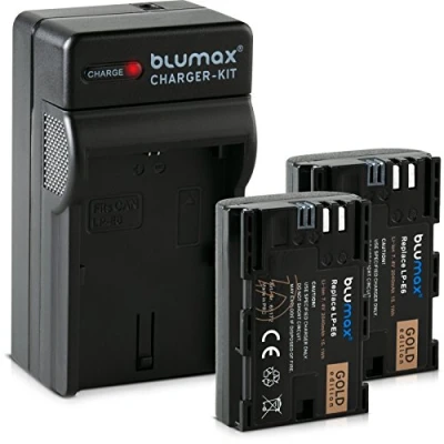 Abbildung von Blumax Gold Edition 2X Akku LP E6 2040mAh mit Sanyo Zellen + Ladegerät passend zu Canon EOS 60D 70D 6D 5D Mark 3