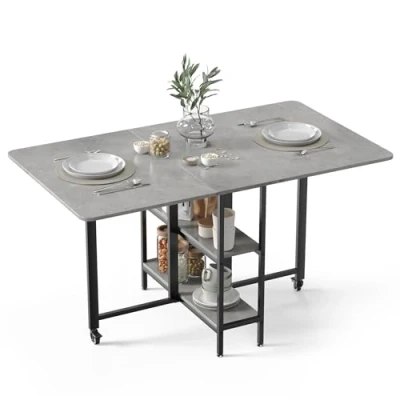 Abbildung von Mondeer Mobiler Klappbarer Esstisch, Klapptisch mit 2 offenen Ablagen für kleine Räume Esszimmer Küche, 140 x 80 75 cm, Grau