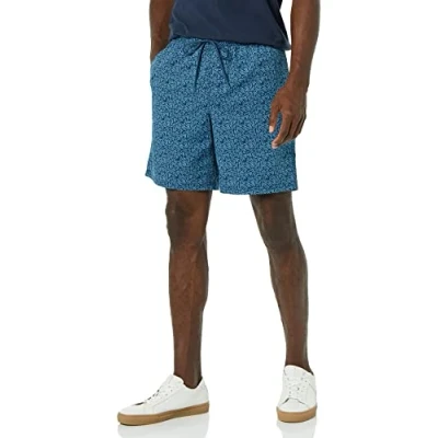Abbildung von Amazon Essentials Herren Walkshorts Schrittlänge 20 cm lockere Passform mit Kordelzug (in Übergröße erhältlich), Marineblau Palmwedelaufdruck, XXL