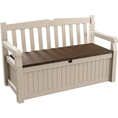Abbildung von Keter Sitzbank Eden für Balkon und Garten, Gartenbank mit integrierter Kissenbox 265 l Stauraum, 140x60x84cm, wetterfest, pflegeleicht, beige, Outdoor, Holzoptik