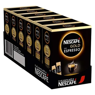 Abbildung von NESCAFÉ GOLD Typ Espresso Getränkepulver Sticks, aus löslichem Bohnenkaffee mit 100% Arabica Kaffeebohnen, samtige Kaffee Crema, koffeinhaltig, 6er Pack (6 x 25 Sticks à 1,8g)