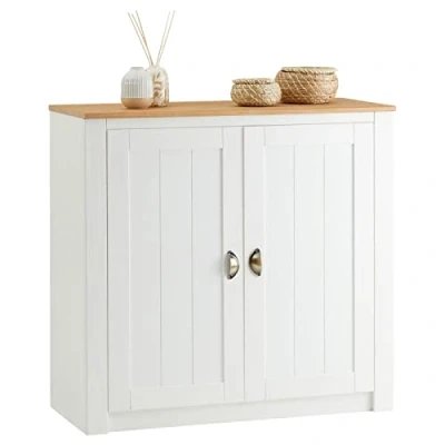 Abbildung von IDIMEX Kommode Bolton aus Kiefer in weiß/braun, Sideboard mit 2 Türen und Muschelgriffen, Buffetschrank Massivholz inkl. Einlegeböden